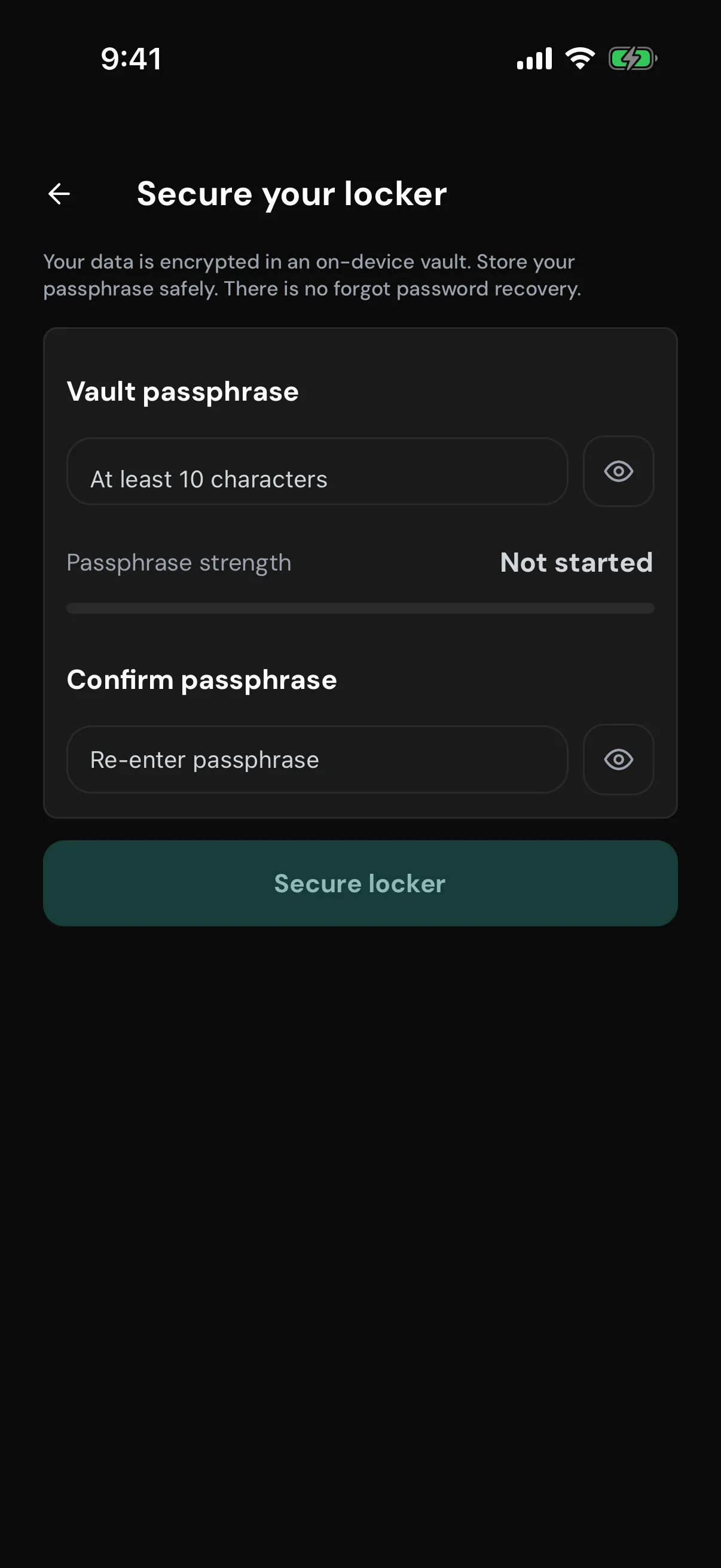 First-launch vault passphrase setup with no sign-up or email