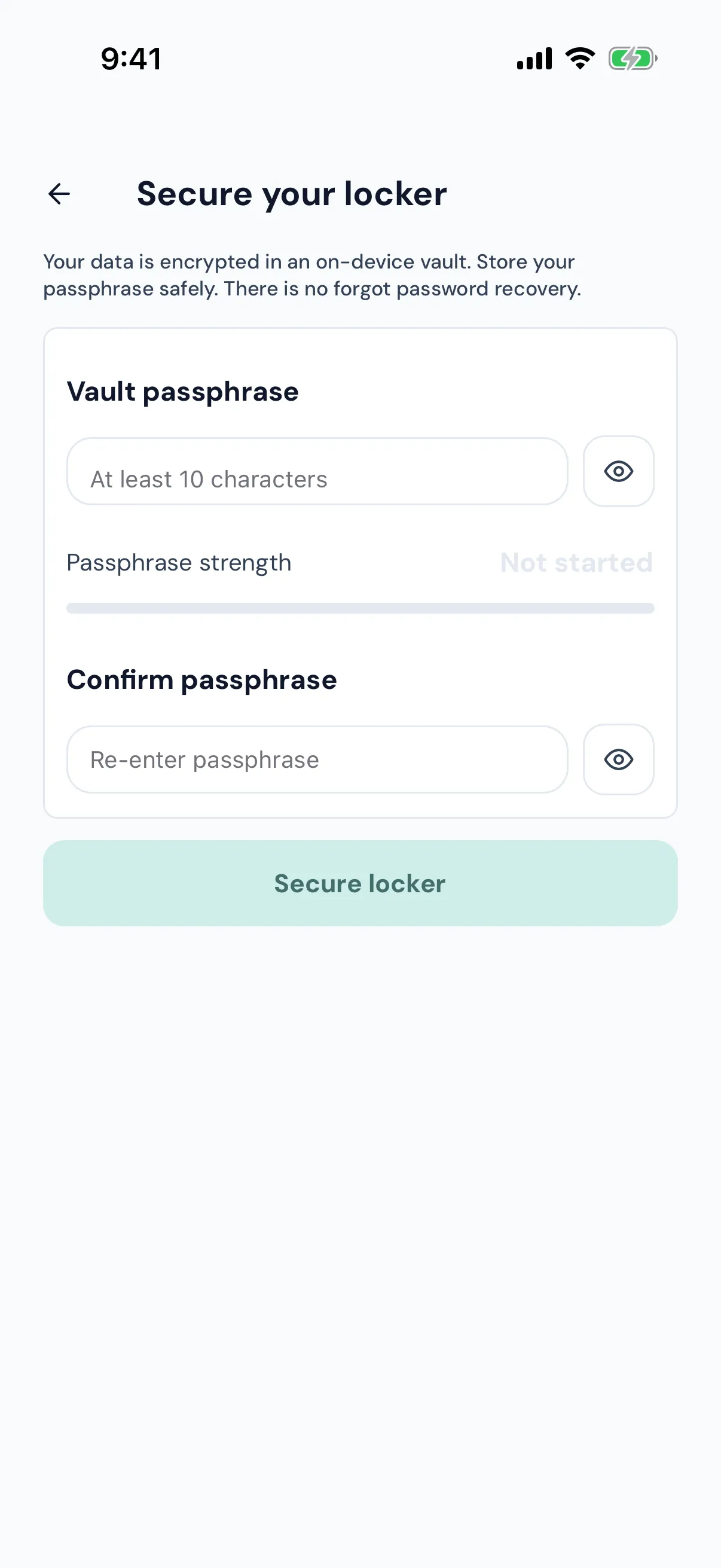 First-launch vault passphrase setup with no sign-up or email