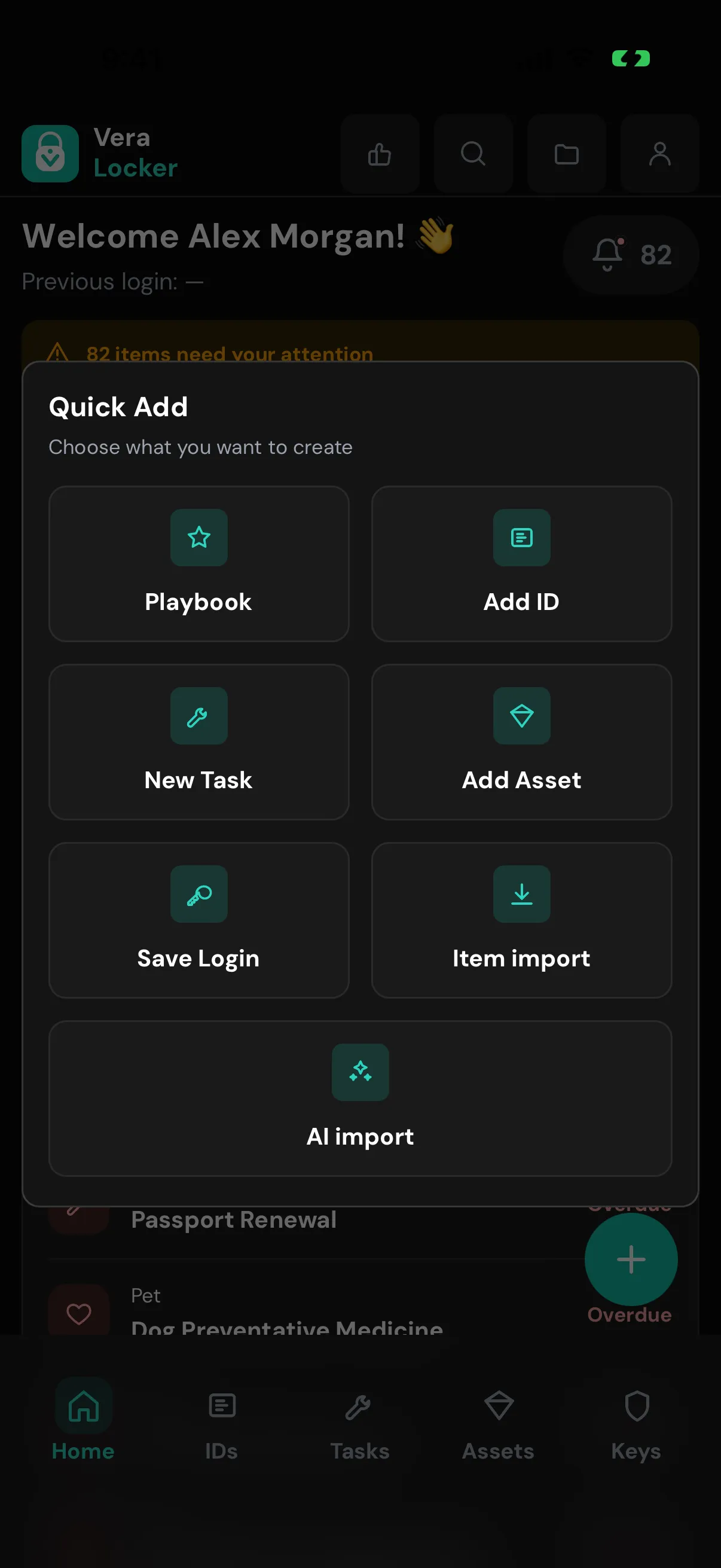 Quick Add sheet listing ID, task, asset, credential, and AI import options