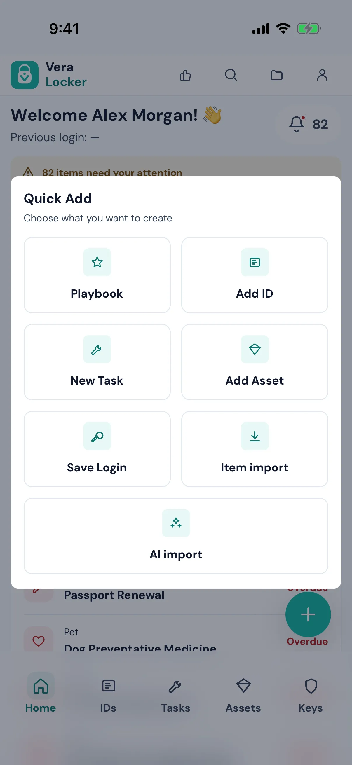 Quick Add sheet listing ID, task, asset, credential, and AI import options