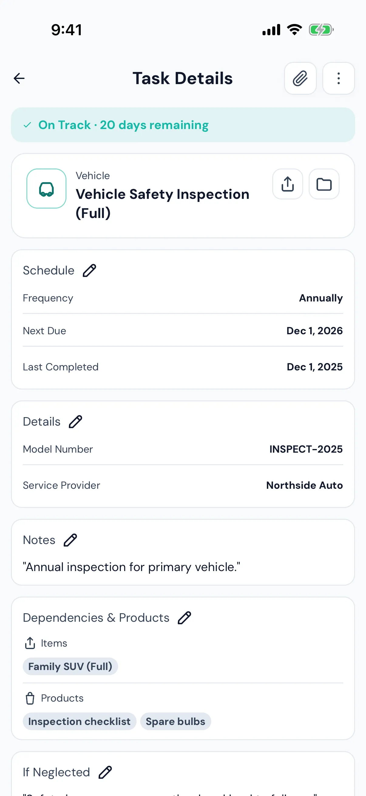 Maintenance task detail showing the schedule and the impact if neglected