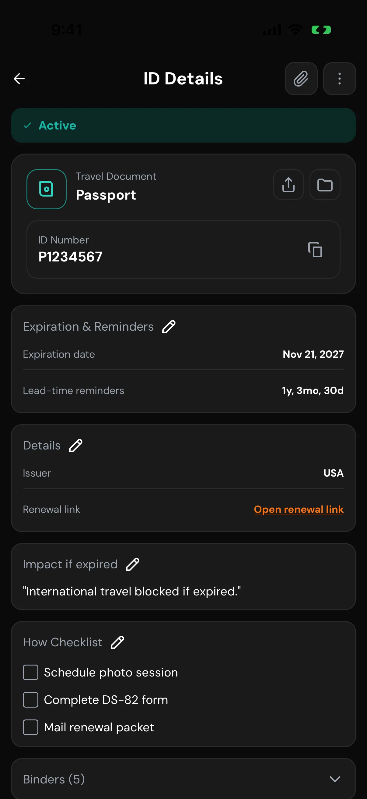 Passport ID detail with expiration reminders, checklist, and binder