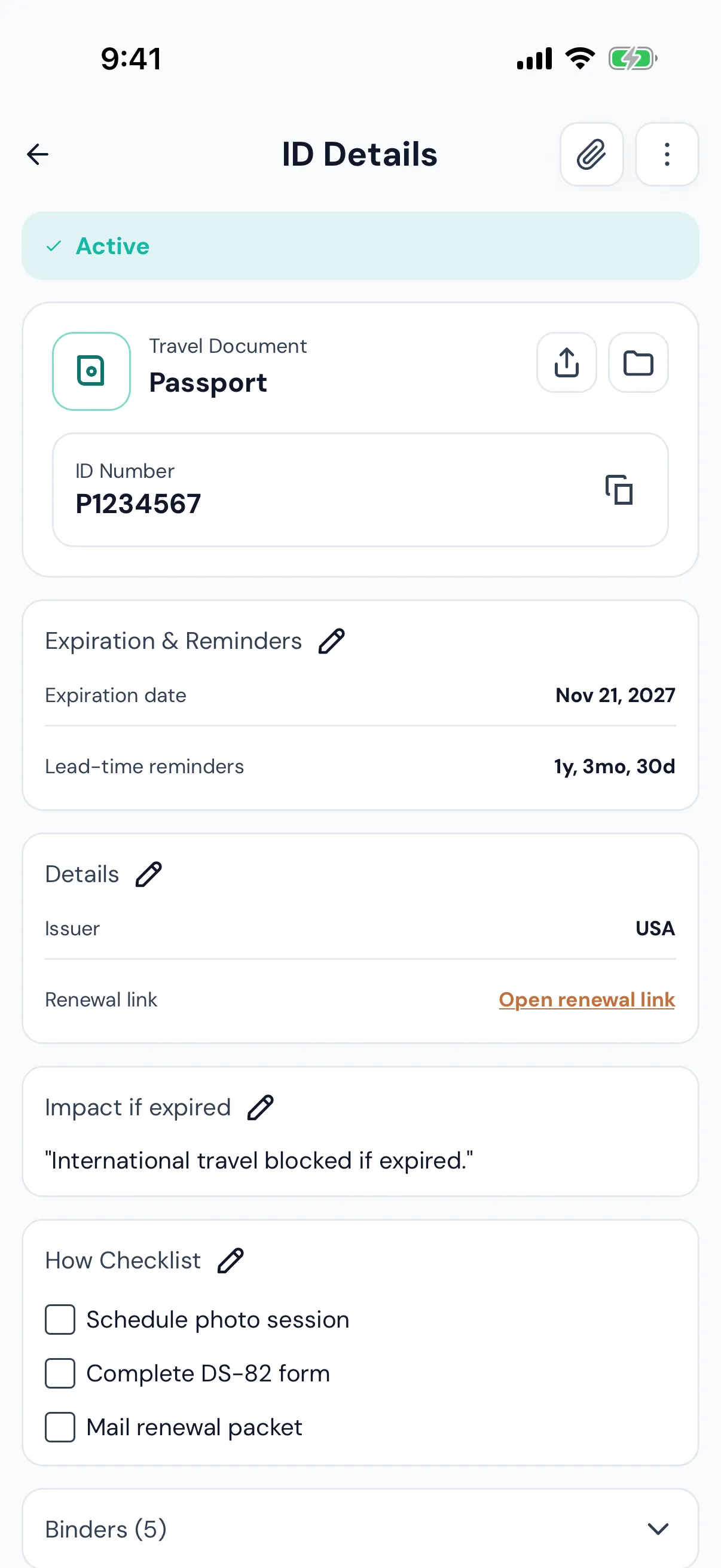 Passport ID detail with expiration reminders, checklist, and binder