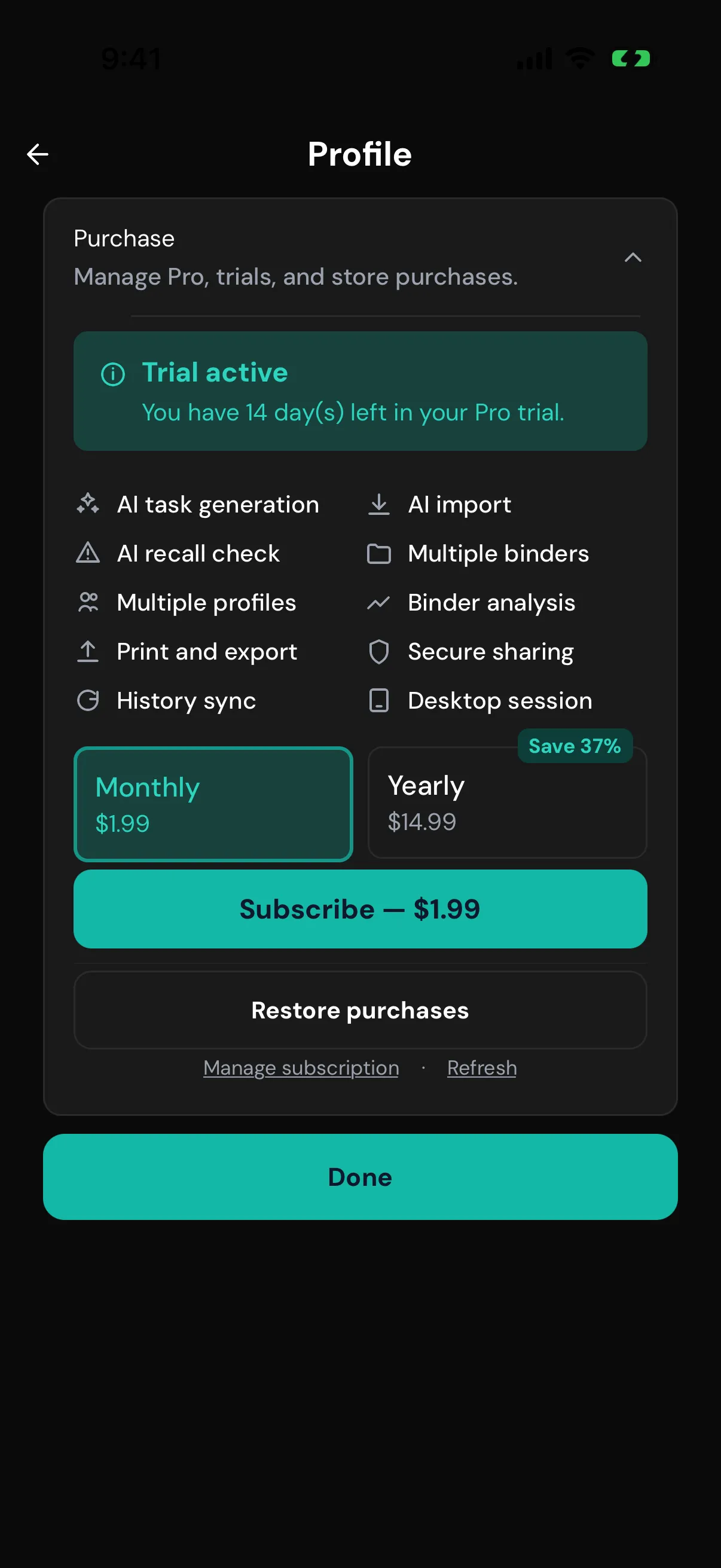 Pro purchase screen showing the free trial and monthly and yearly plans