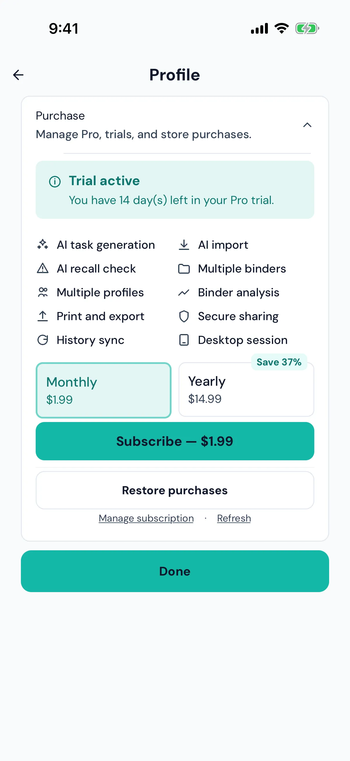 Pro purchase screen showing the free trial and monthly and yearly plans