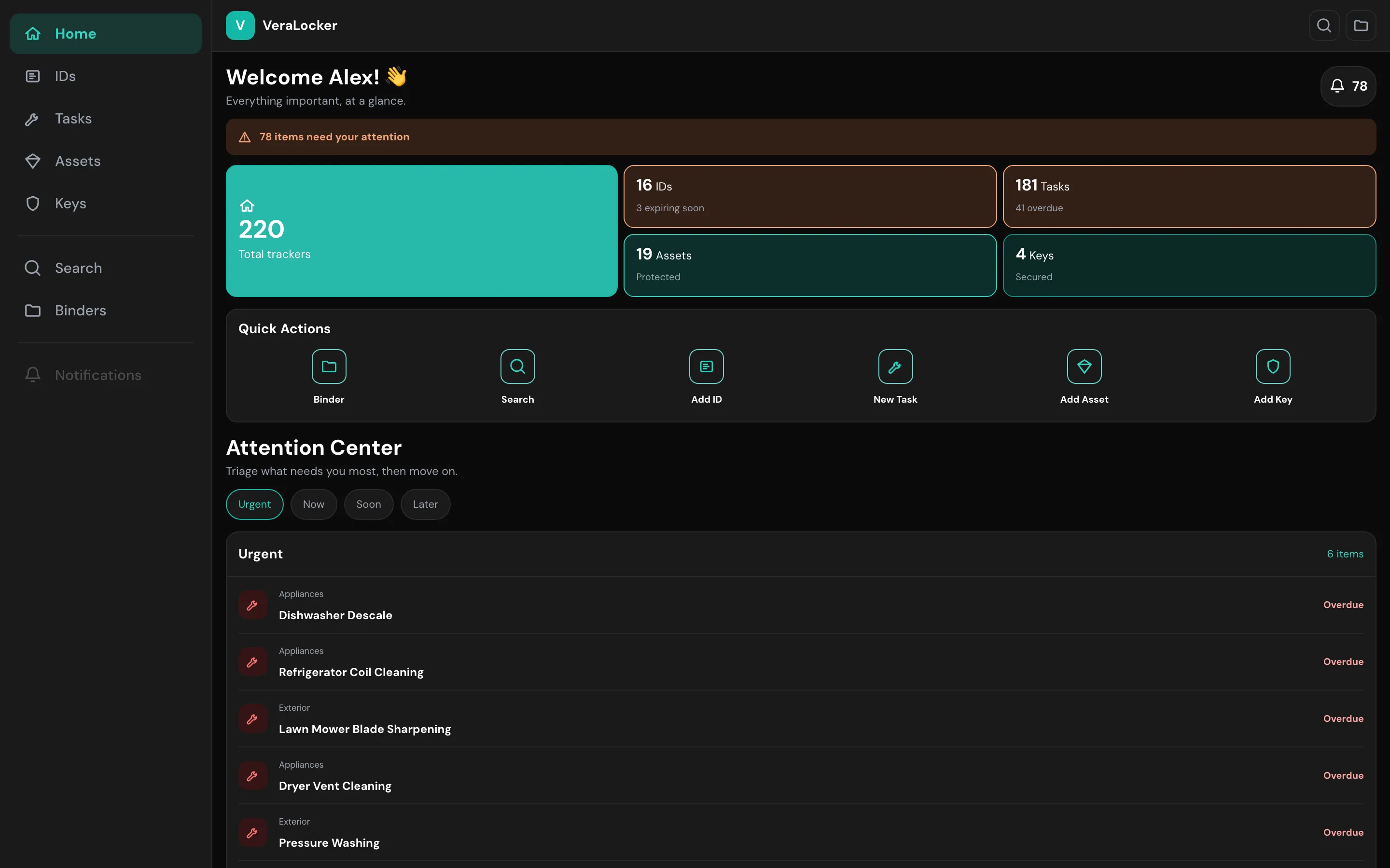 The VeraLocker desktop client showing the vault dashboard, metrics, quick actions, and attention center