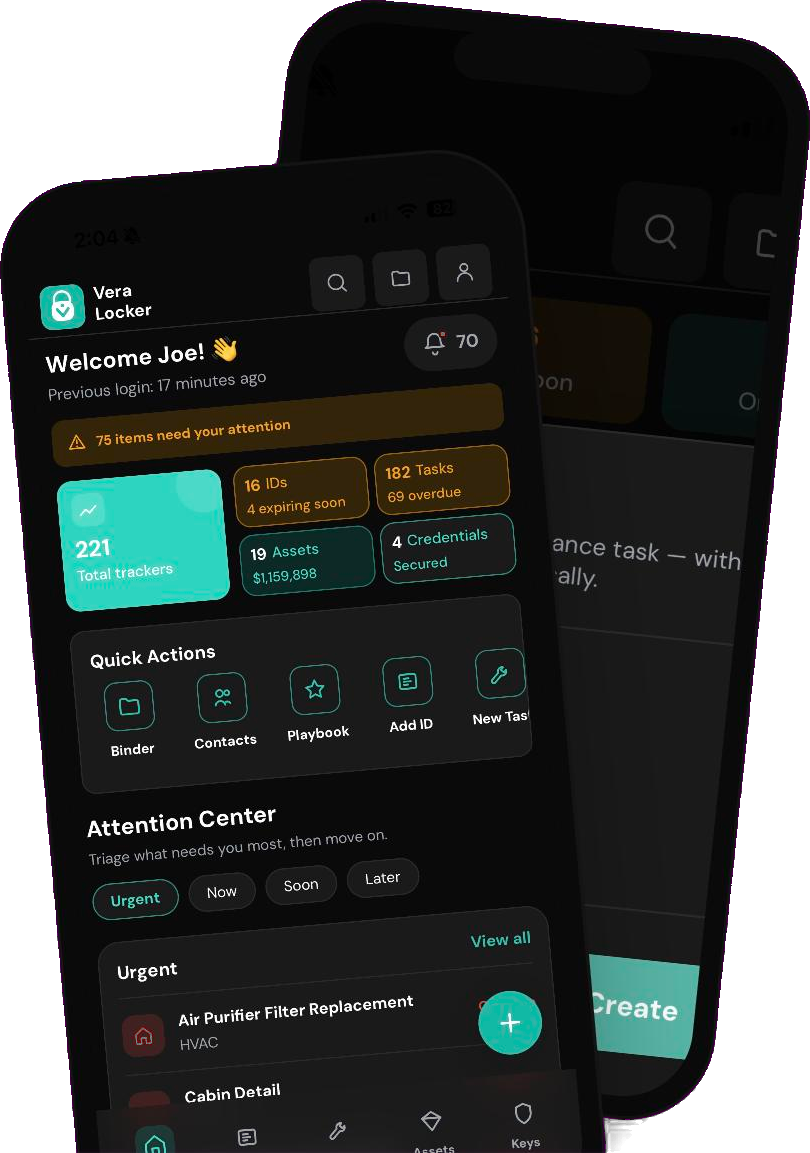 VeraLocker dashboard showing tracked items and a notifications digest, alongside an AI task creation screen for a maintenance reminder