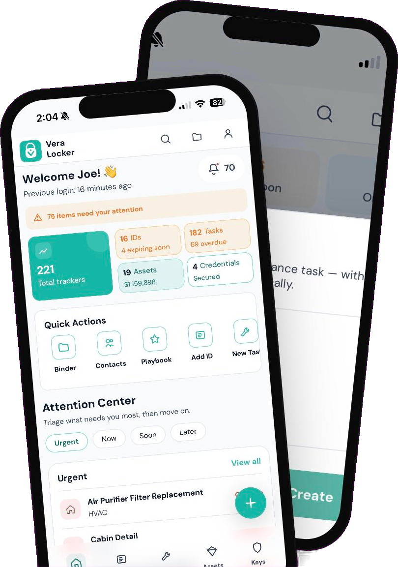 VeraLocker dashboard showing tracked items and a notifications digest, alongside an AI task creation screen for a maintenance reminder
